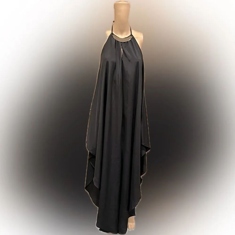NWT Monaco Blk Maxi Chiffon Halter high low Dress Gold Metal Necklace SZ L